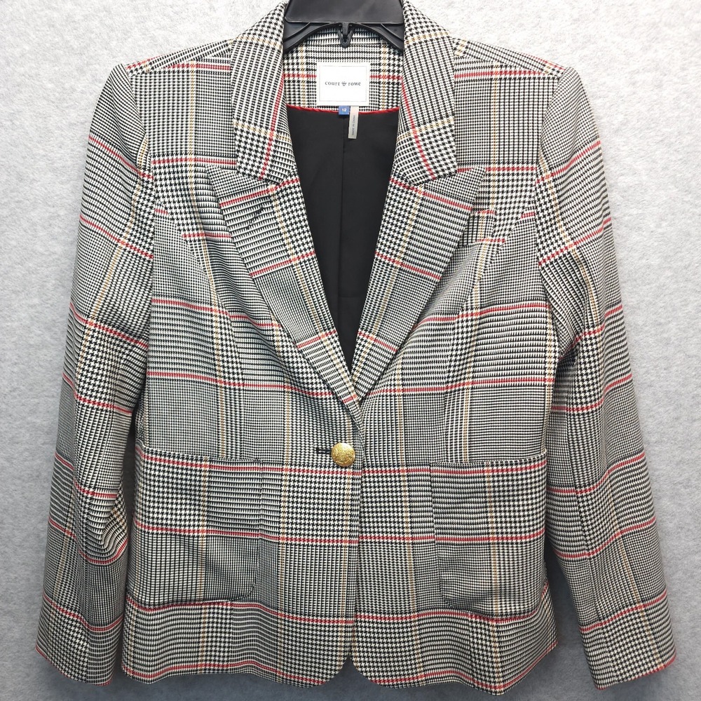 Court And Rowe Blazer Houndstooth Plaid Womens‎ 12 Gold Button Bolton Black Red